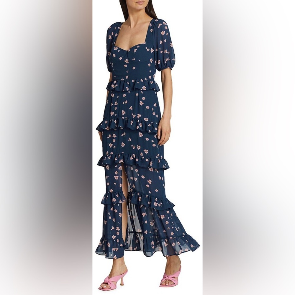 Wayf Navy Blue Floral Ruffle Tiered Maxi Dress